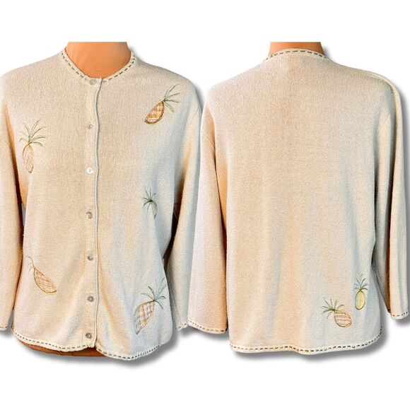 Silk Cotton Blend Cardigan Sweater Womens Large Ivory Pineapple Embroidery - Picture 4 of 13